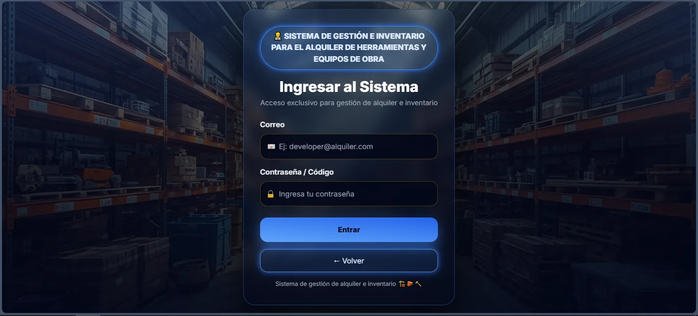 Pantalla de acceso del sistema de inventario y alquiler